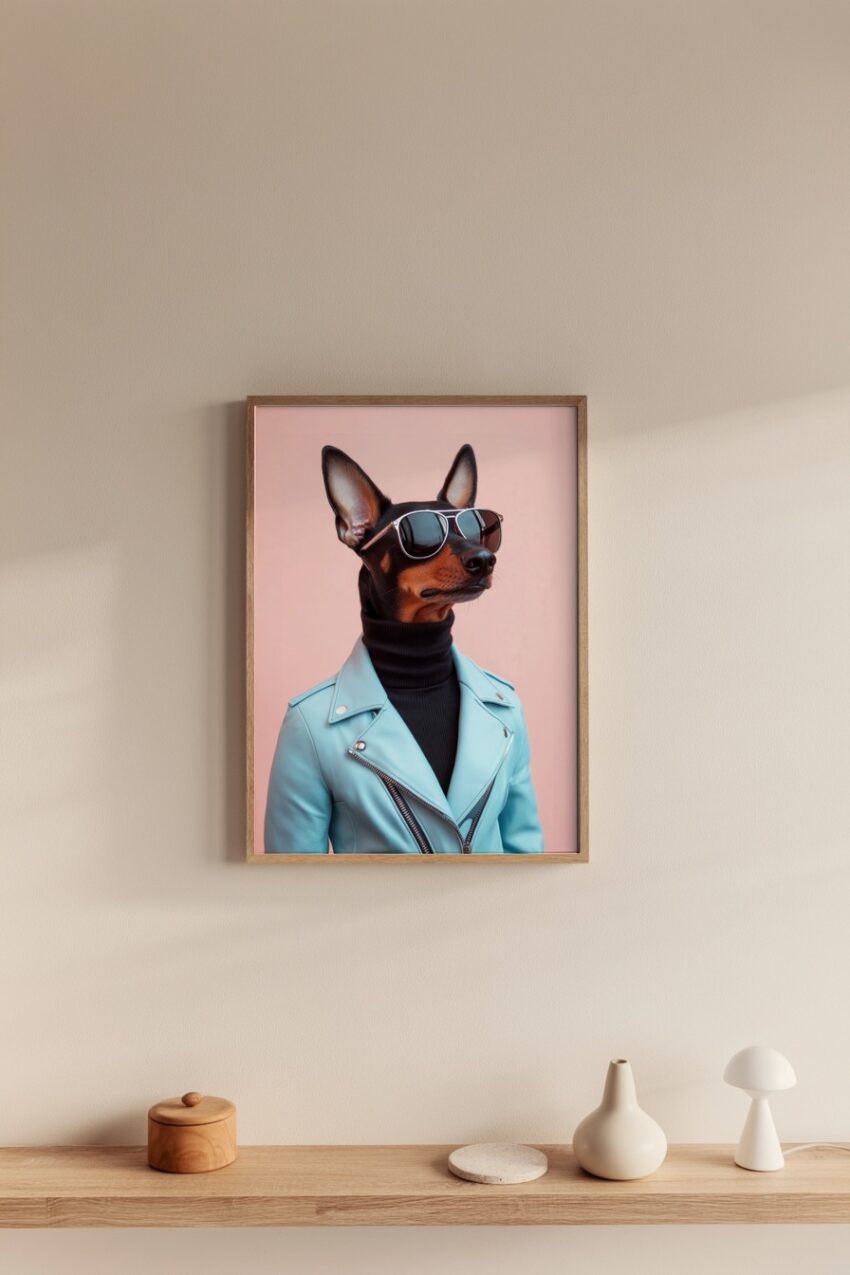 Fotografie Poster Hund Lederjacke Sonnenbrille blau rosa