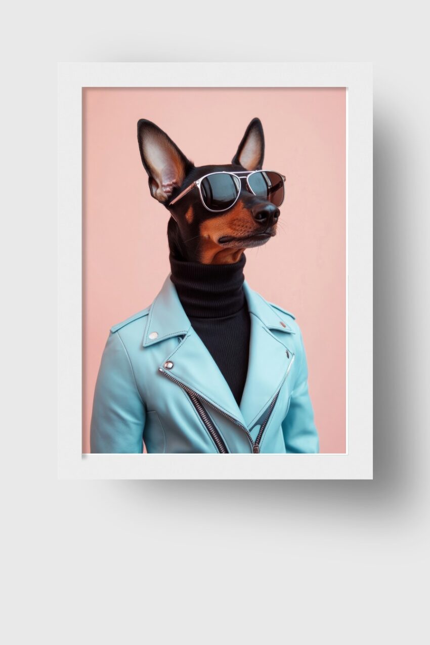 Fotografie Poster Hund Lederjacke Sonnenbrille blau rosa