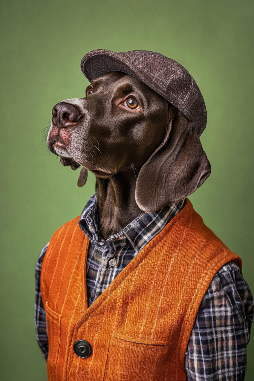 Fotografie Poster Hund braun Weste Kappe Porträt