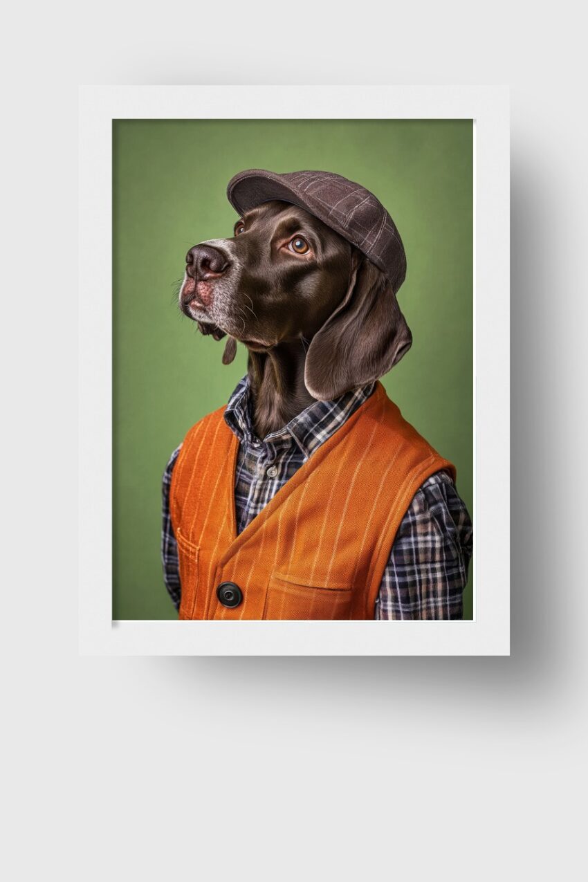 Fotografie Poster Hund braun Weste Kappe Porträt