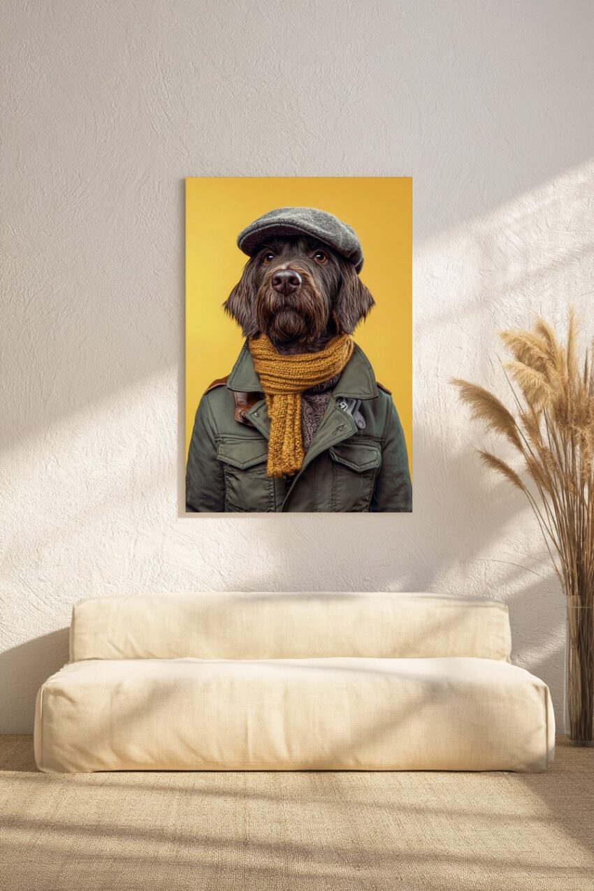 Fotografie Poster Dackel braun mit Mantel und Hut gelb