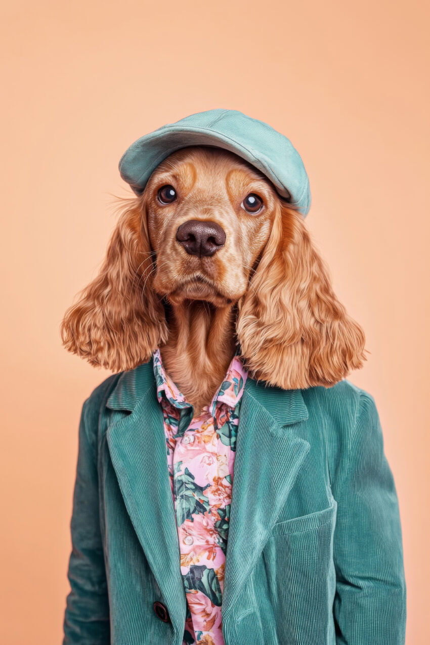 Fotografie Poster Hund Blazer Mütze orange Hintergrund