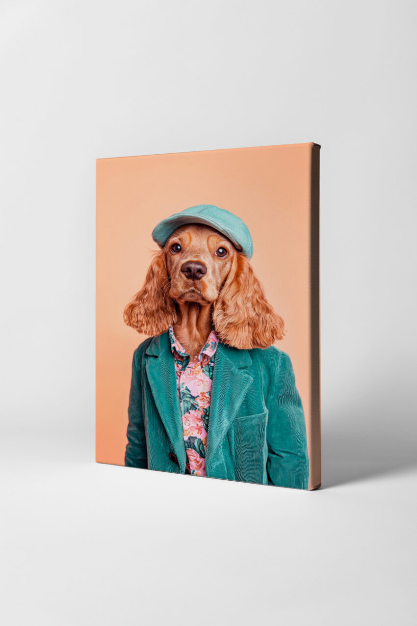 Fotografie Poster Hund Blazer Mütze orange Hintergrund
