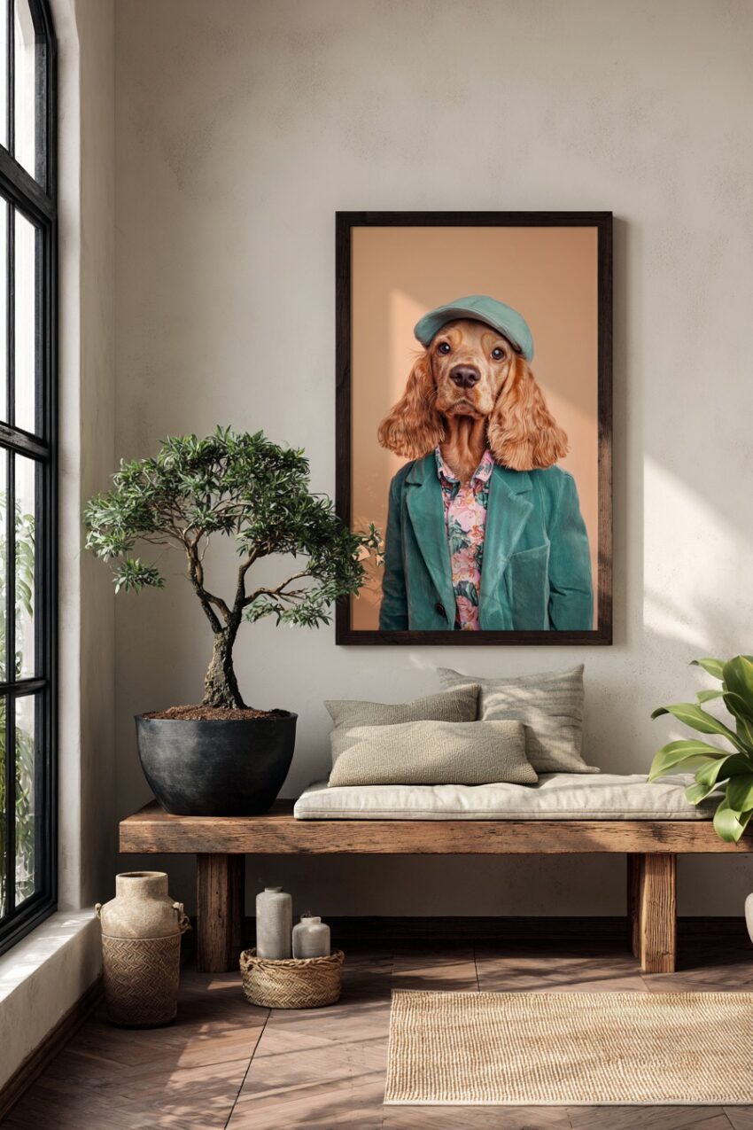 Fotografie Poster Hund Blazer Mütze orange Hintergrund