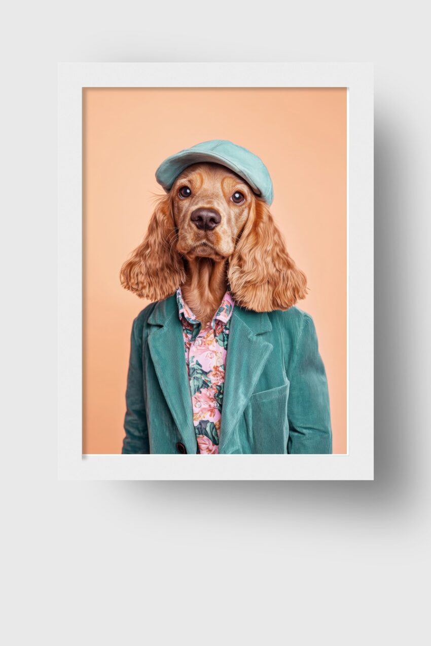 Fotografie Poster Hund Blazer Mütze orange Hintergrund
