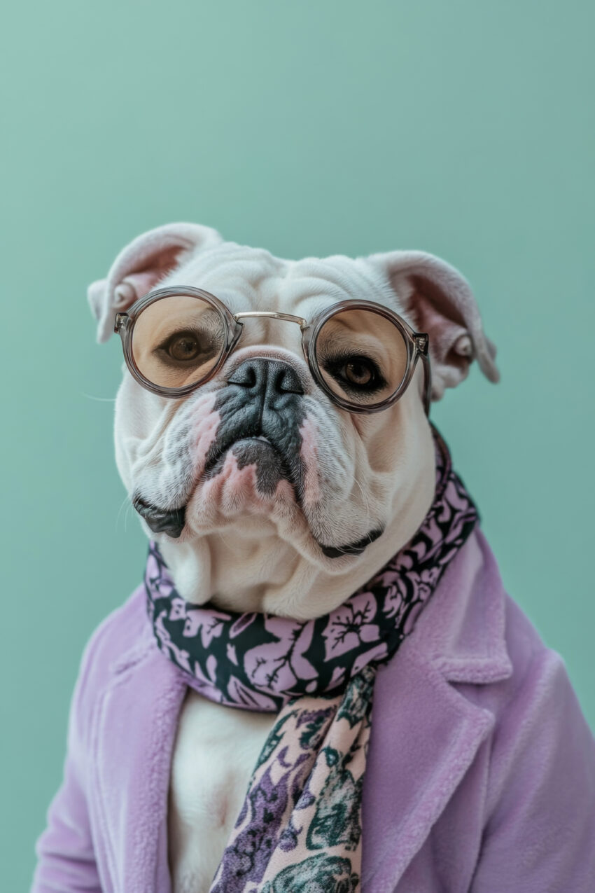 Fotografie Poster Bulldogge Brille weiß lilafarben