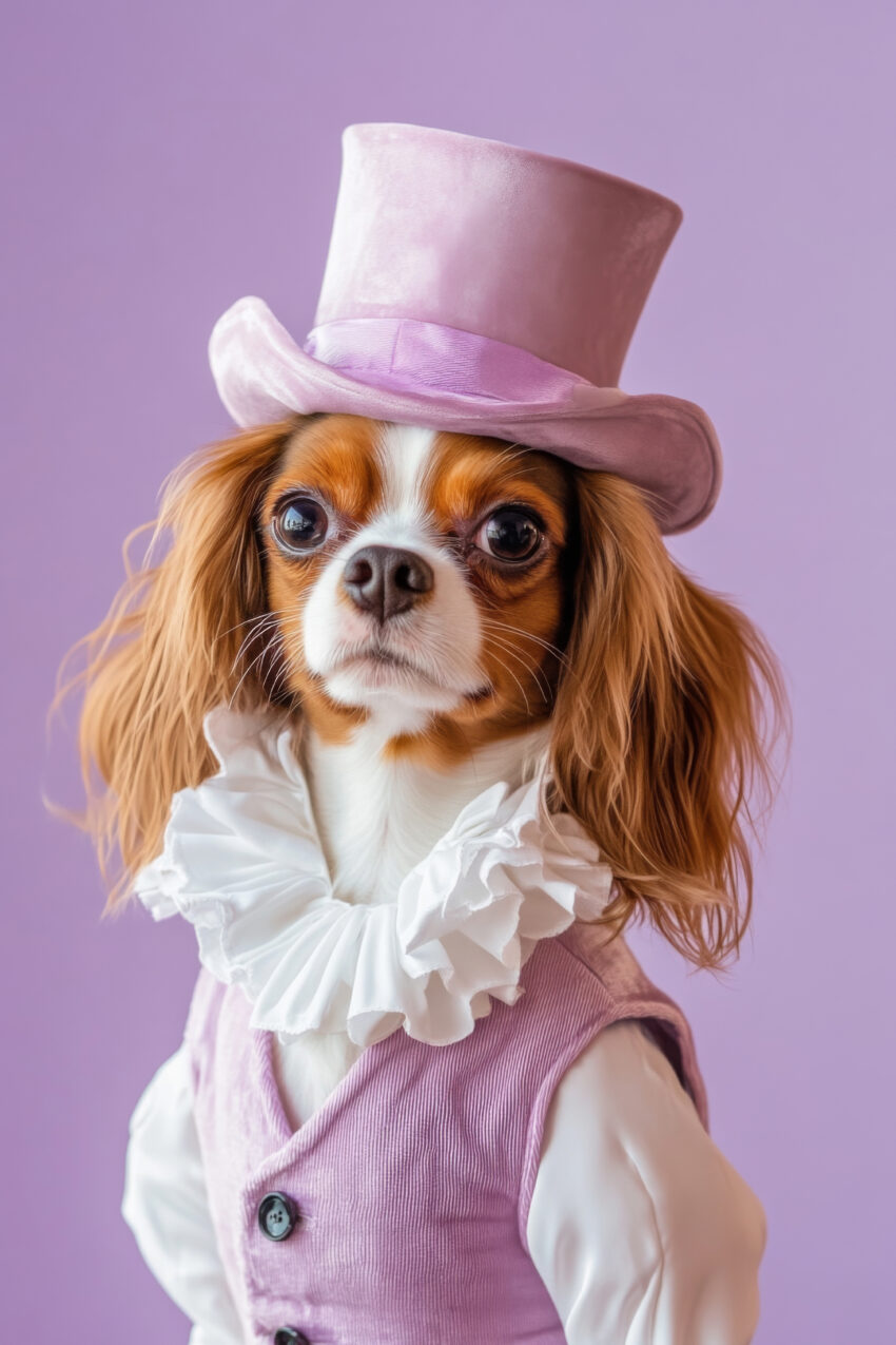 Fotografie Poster Hund kostümiert Zylinder lila