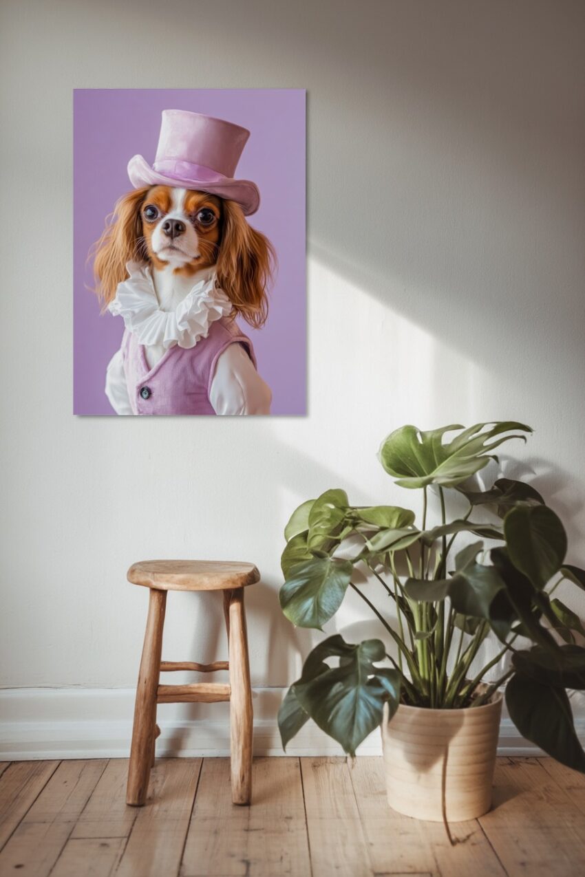 Fotografie Poster Hund kostümiert Zylinder lila