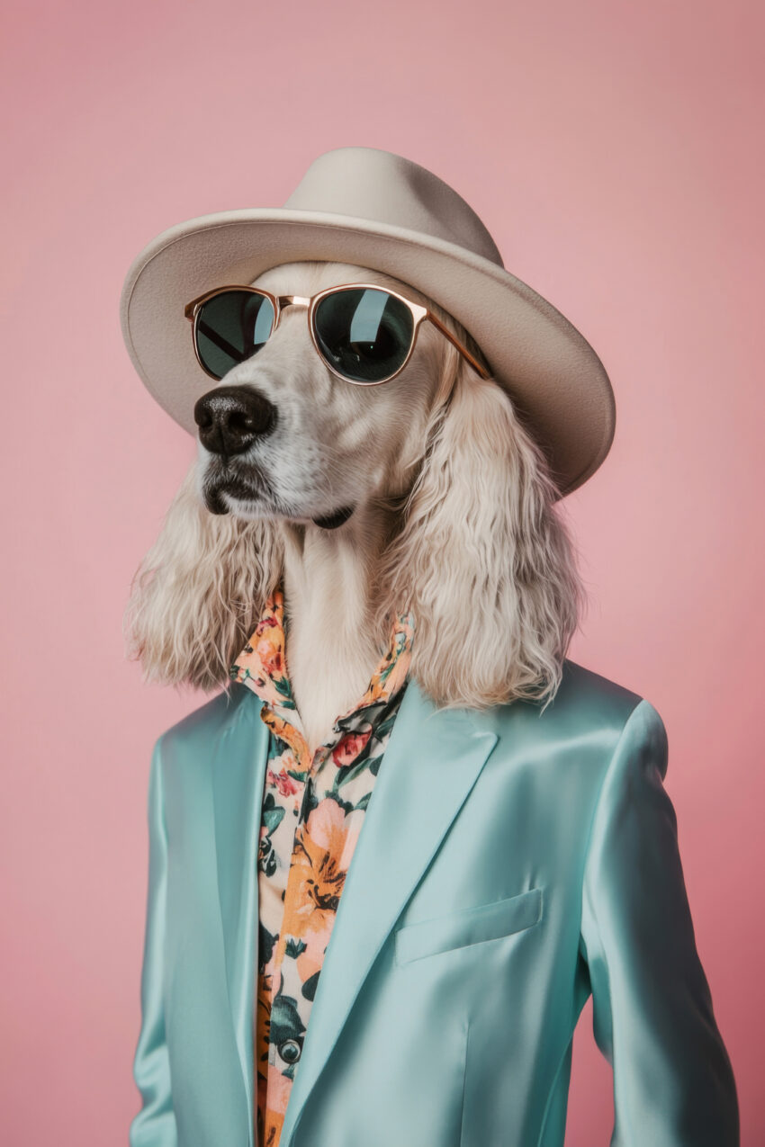 Fotografie Poster Hund mit Hut und Sonnenbrille Pastellfarben