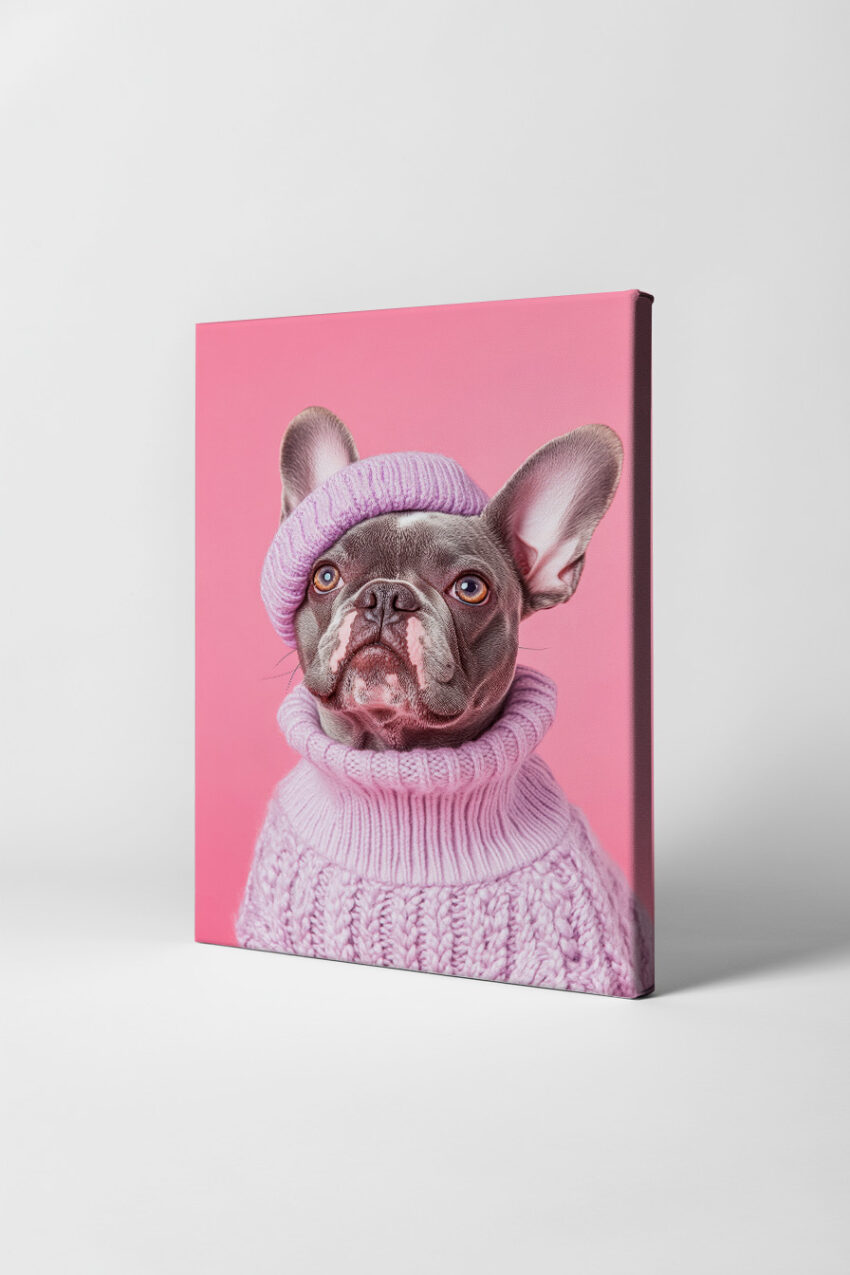 Fotografie Poster Bulldogge Strickmütze lila detailliert