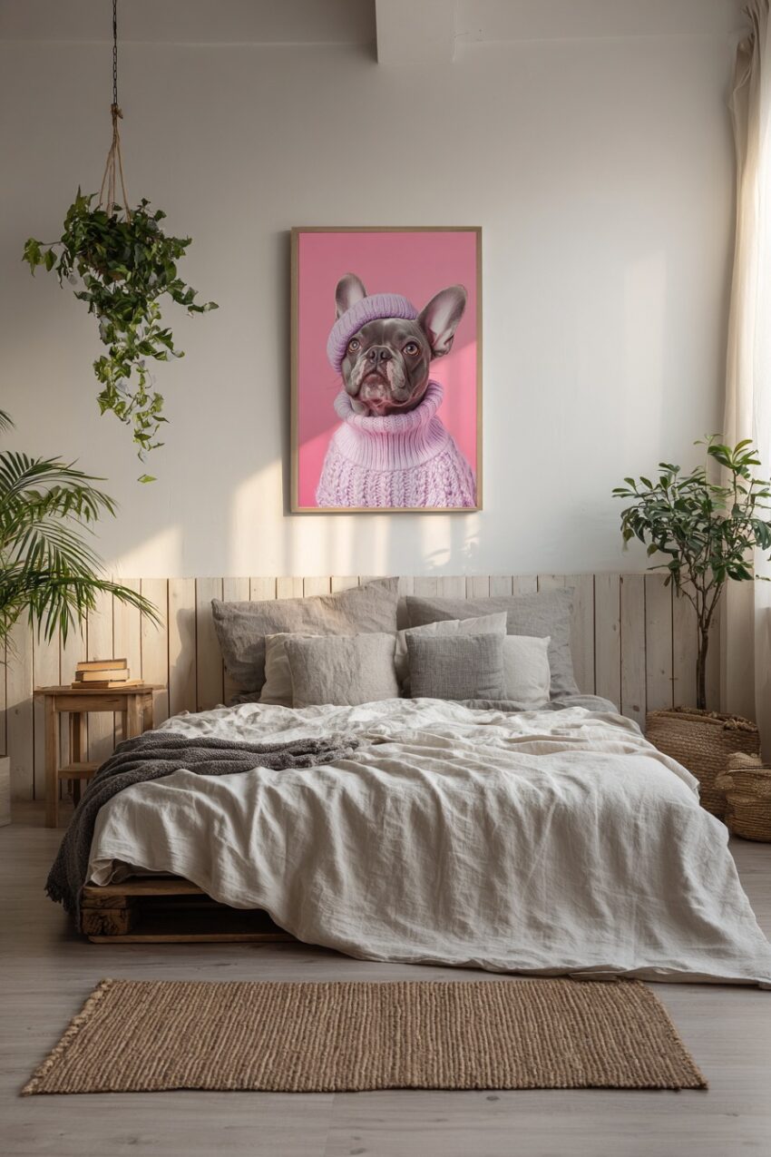Fotografie Poster Bulldogge Strickmütze lila detailliert