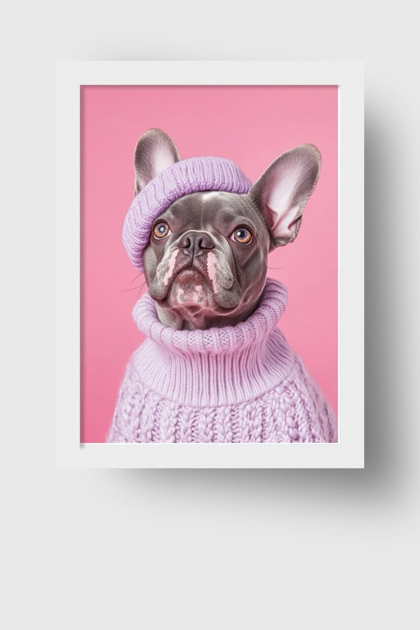 Fotografie Poster Bulldogge Strickmütze lila detailliert