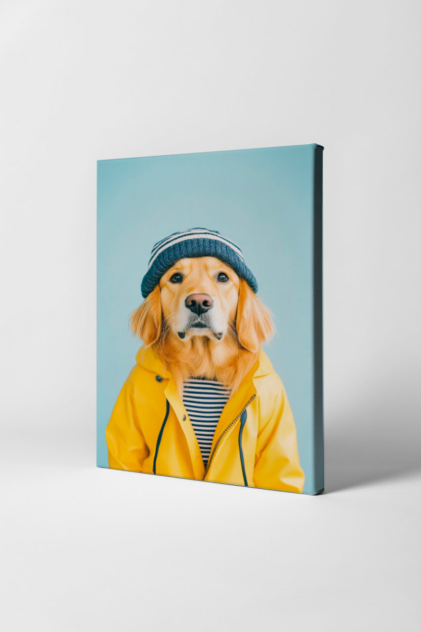 Fotografie Poster Golden Retriever Mütze gelb blau