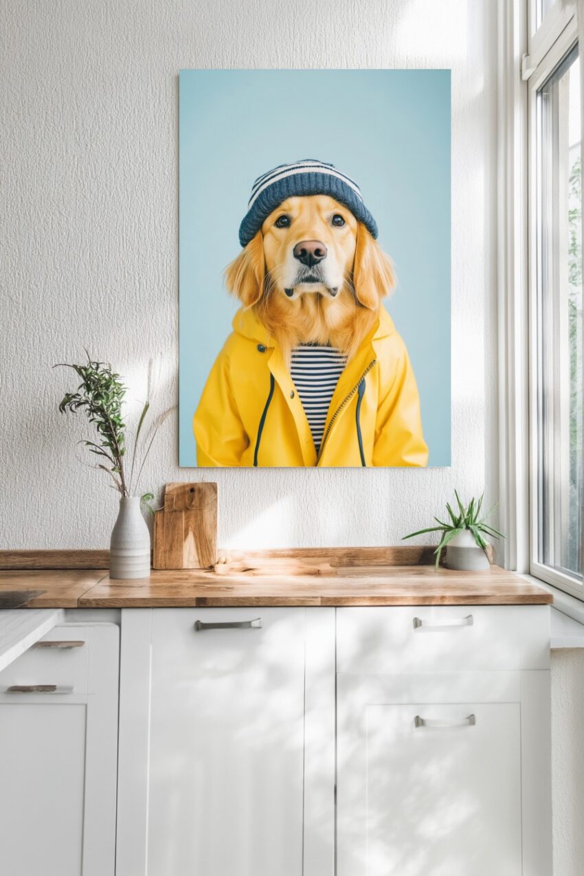Fotografie Poster Golden Retriever Mütze gelb blau