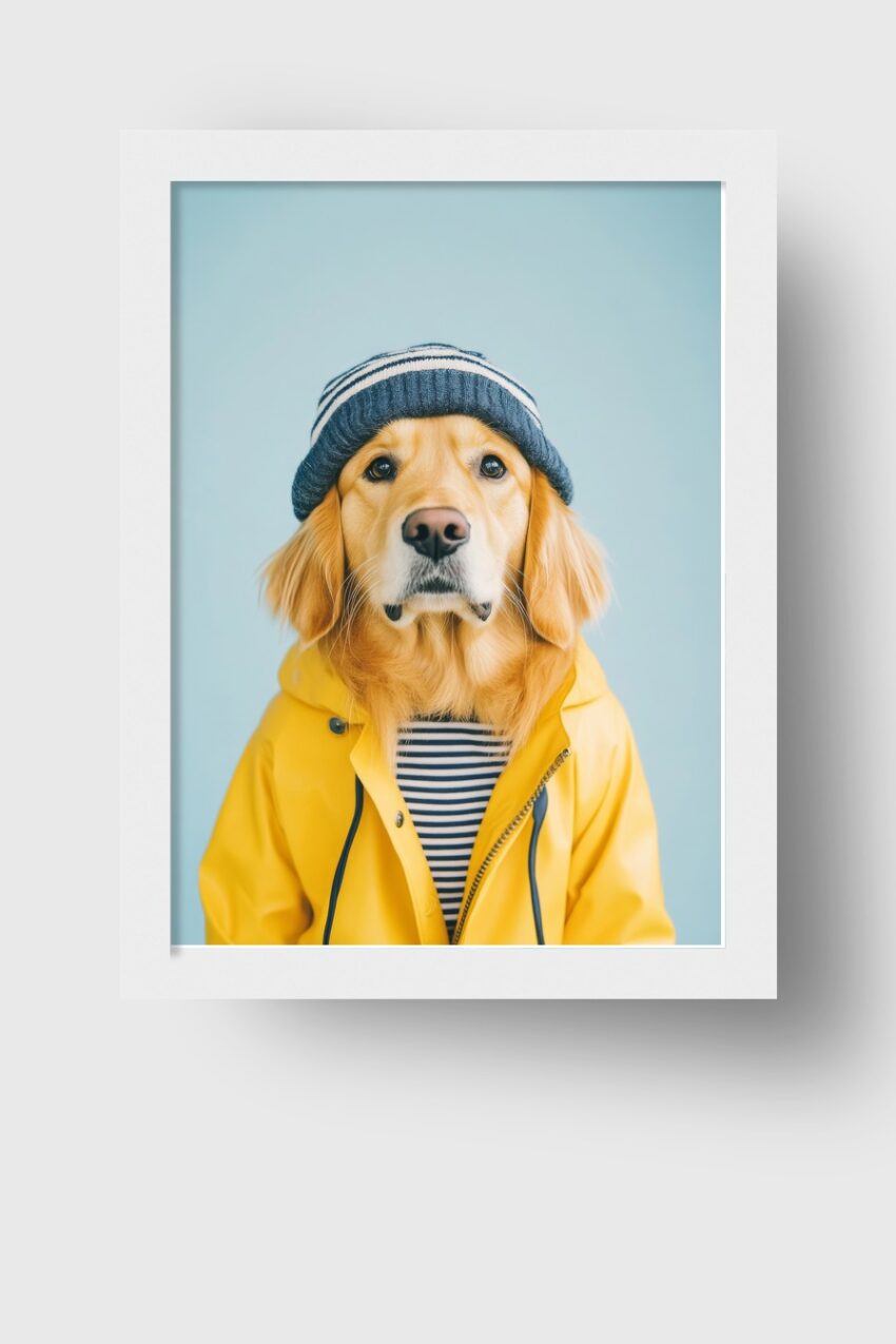 Fotografie Poster Golden Retriever Mütze gelb blau