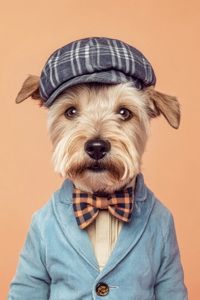 Fotografie Poster Hund mit Hut und Schleife modisch