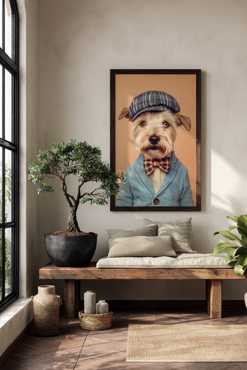 Fotografie Poster Hund mit Hut und Schleife modisch
