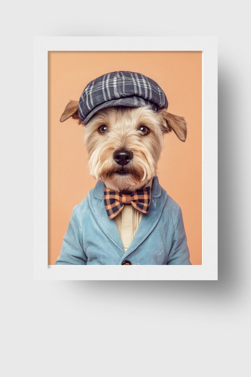 Fotografie Poster Hund mit Hut und Schleife modisch