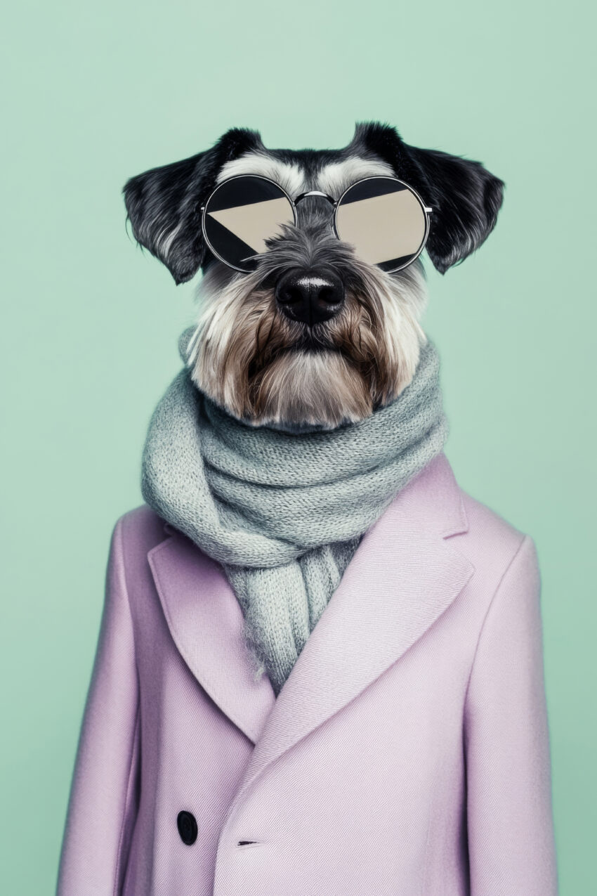 Fotografie Poster Hund mit Brille und Mantel pastellfarben modern