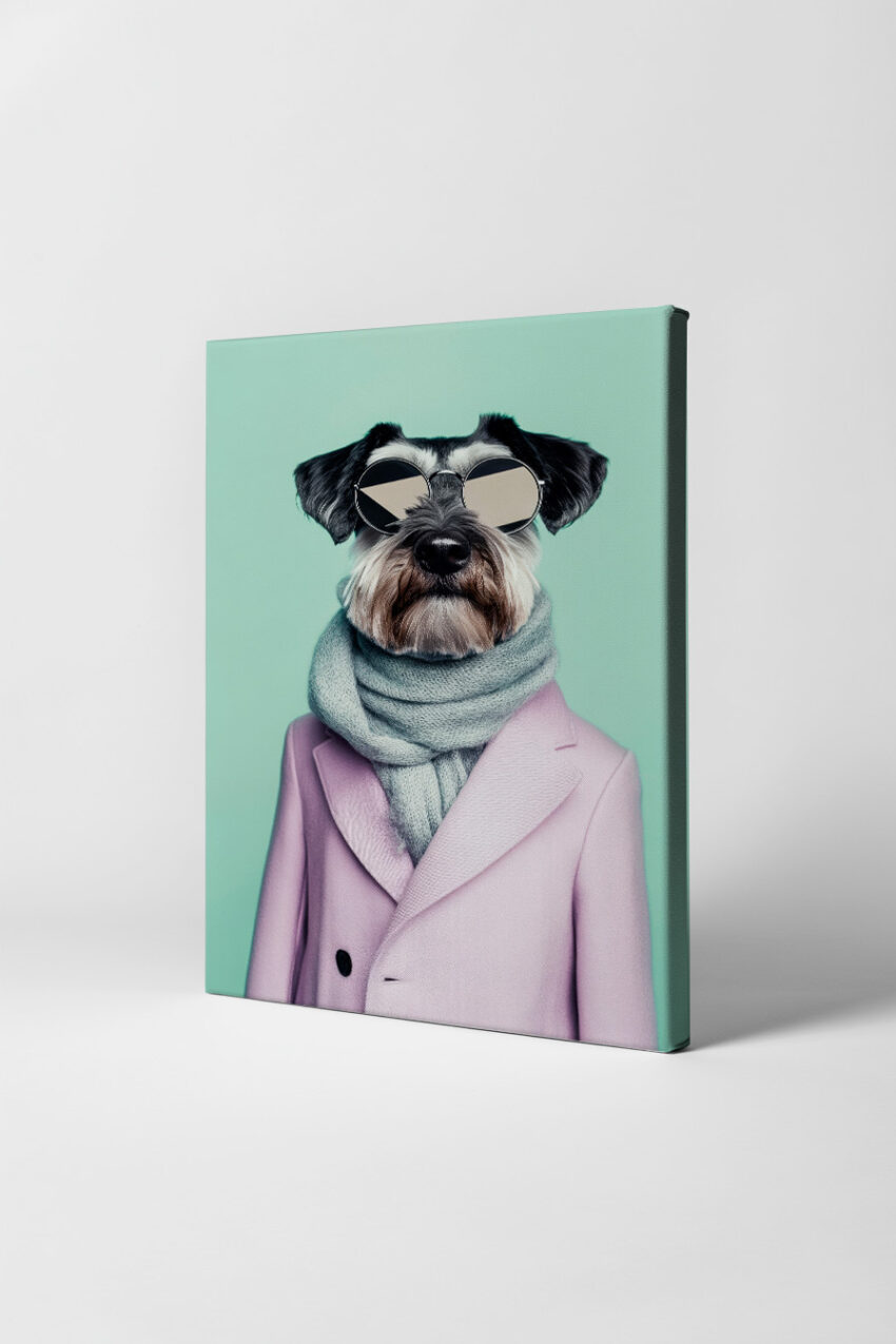 Fotografie Poster Hund mit Brille und Mantel pastellfarben modern