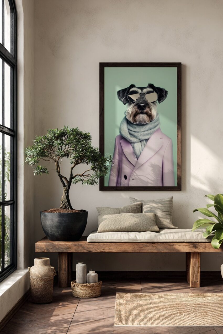 Fotografie Poster Hund mit Brille und Mantel pastellfarben modern