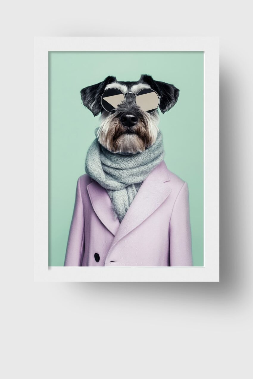 Fotografie Poster Hund mit Brille und Mantel pastellfarben modern