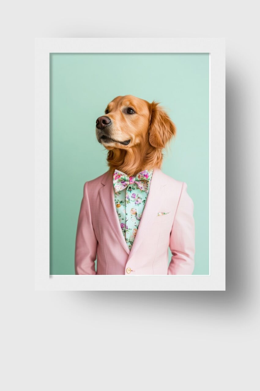 Fotografie Poster Golden Retriever Hund Anzug rosa florale Fliege