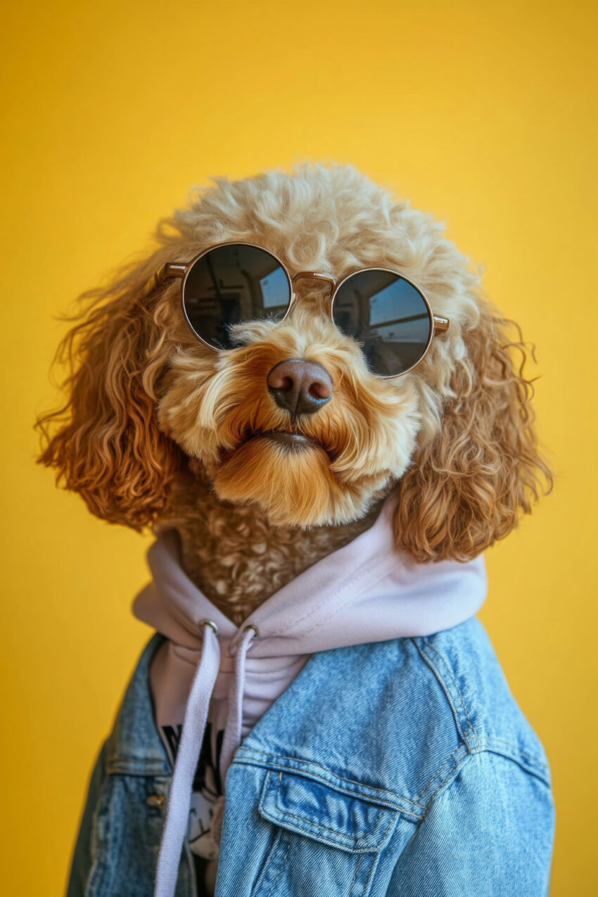 Fotografie Poster Pudel Sonnenbrille Jeansjacke gelb
