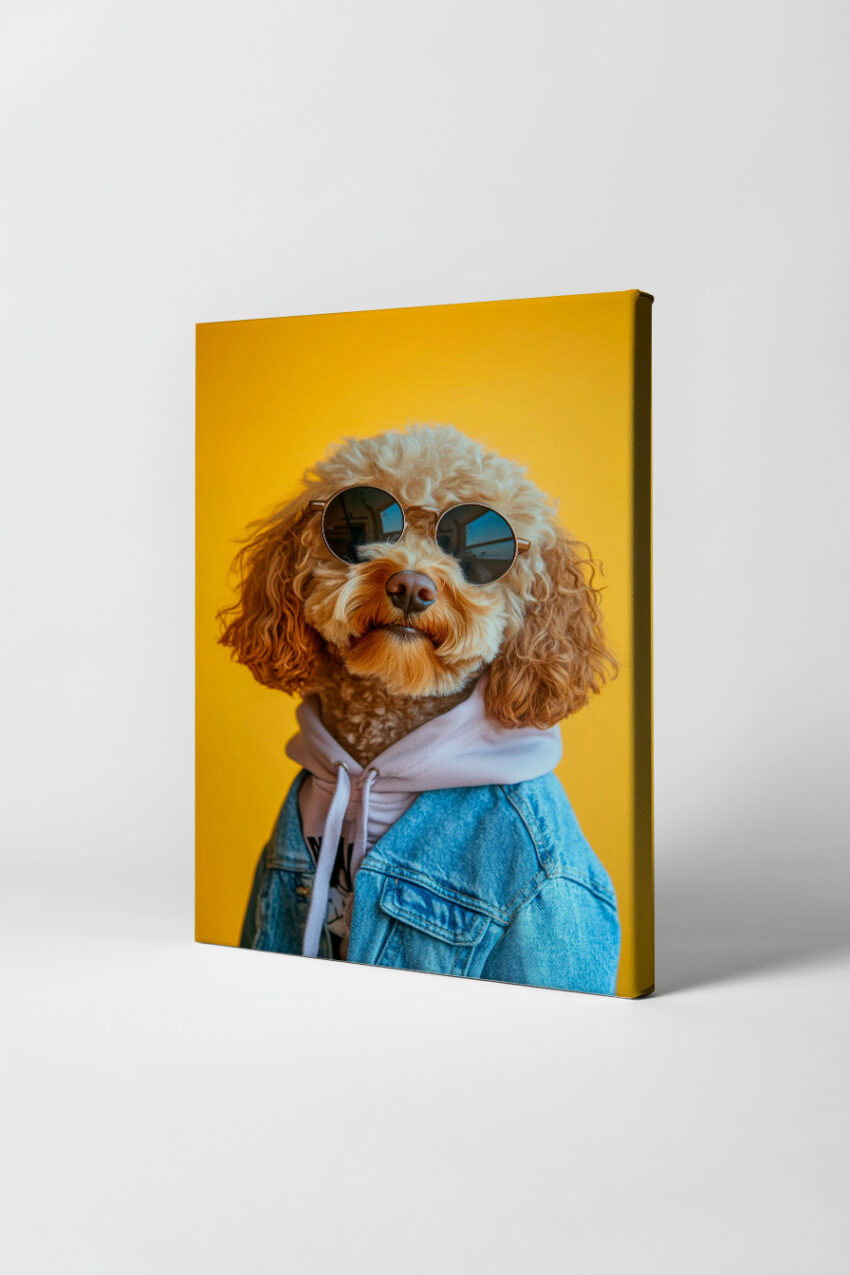 Fotografie Poster Pudel Sonnenbrille Jeansjacke gelb