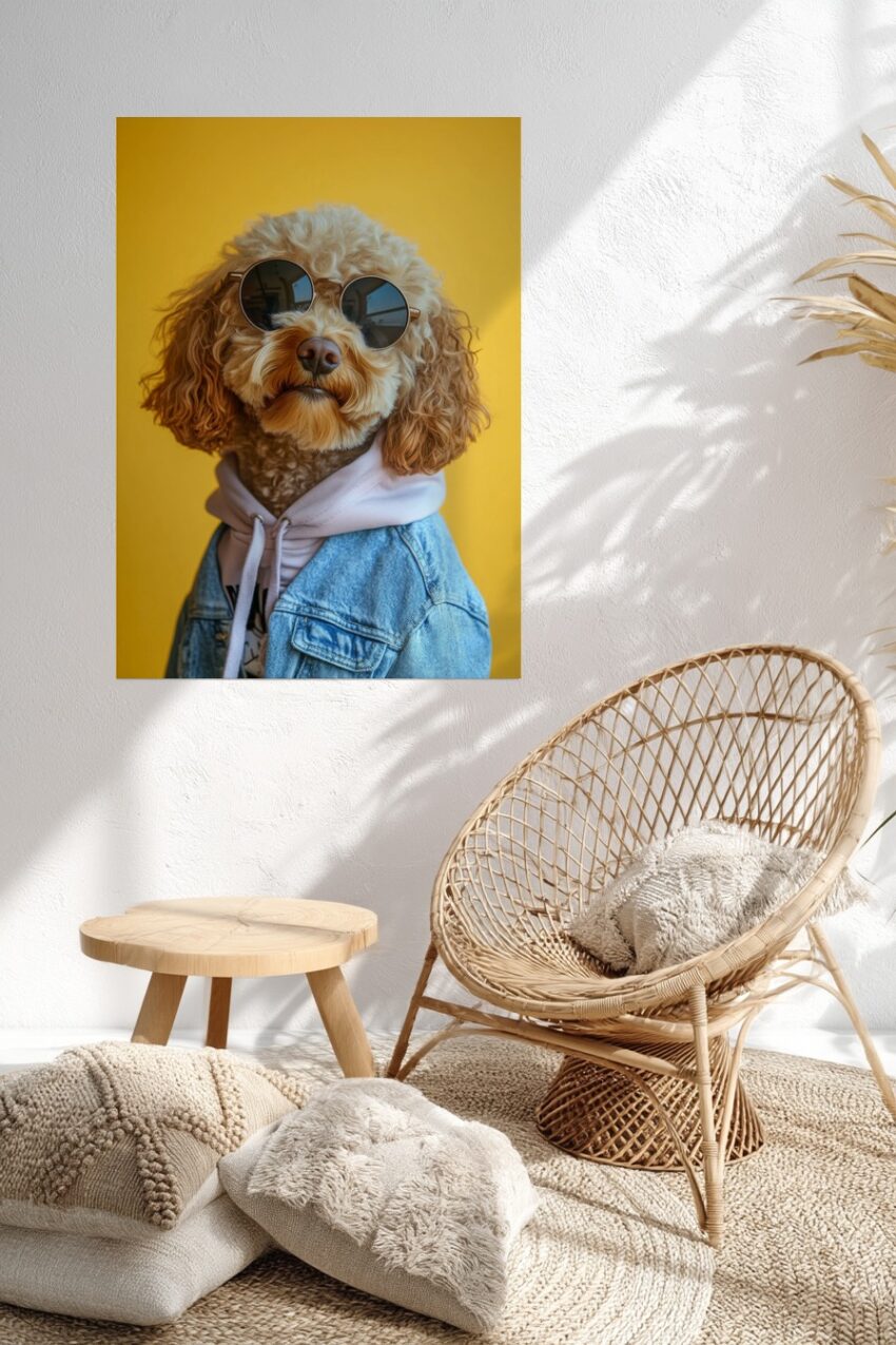 Fotografie Poster Pudel Sonnenbrille Jeansjacke gelb