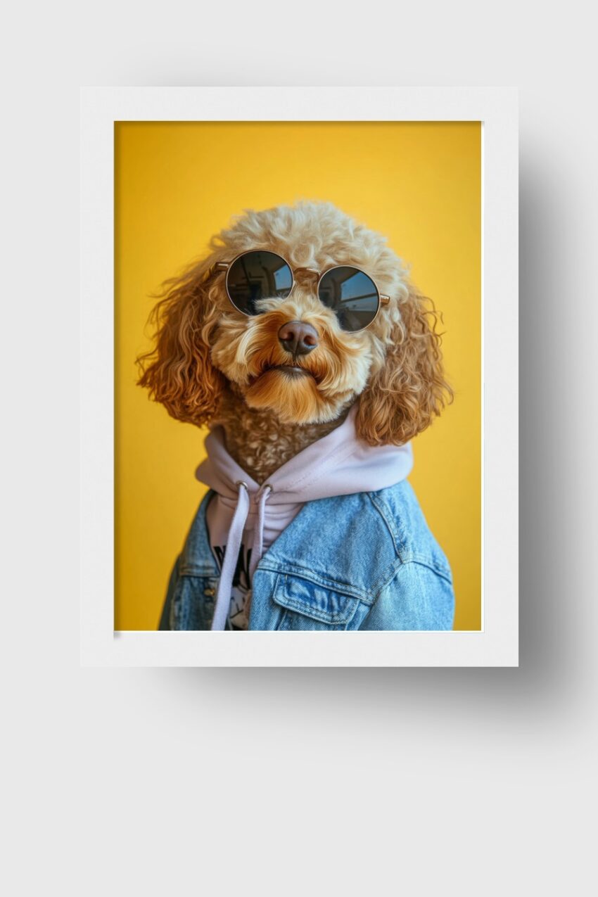 Fotografie Poster Pudel Sonnenbrille Jeansjacke gelb