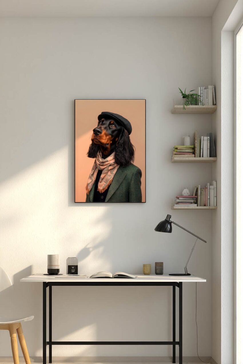 Fotografie Poster Hund Stoffjacke Schiebermütze Nahaufnahme