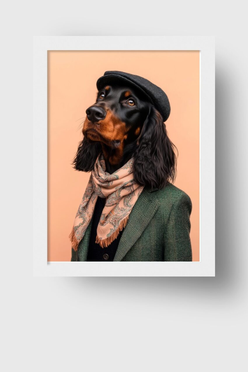 Fotografie Poster Hund Stoffjacke Schiebermütze Nahaufnahme
