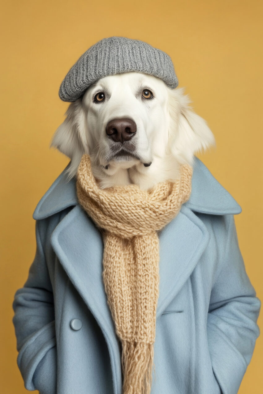 Fotografie Poster Golden Retriever Winterbekleidung ruhig blau beige grau