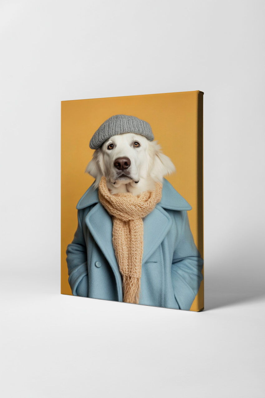 Fotografie Poster Golden Retriever Winterbekleidung ruhig blau beige grau