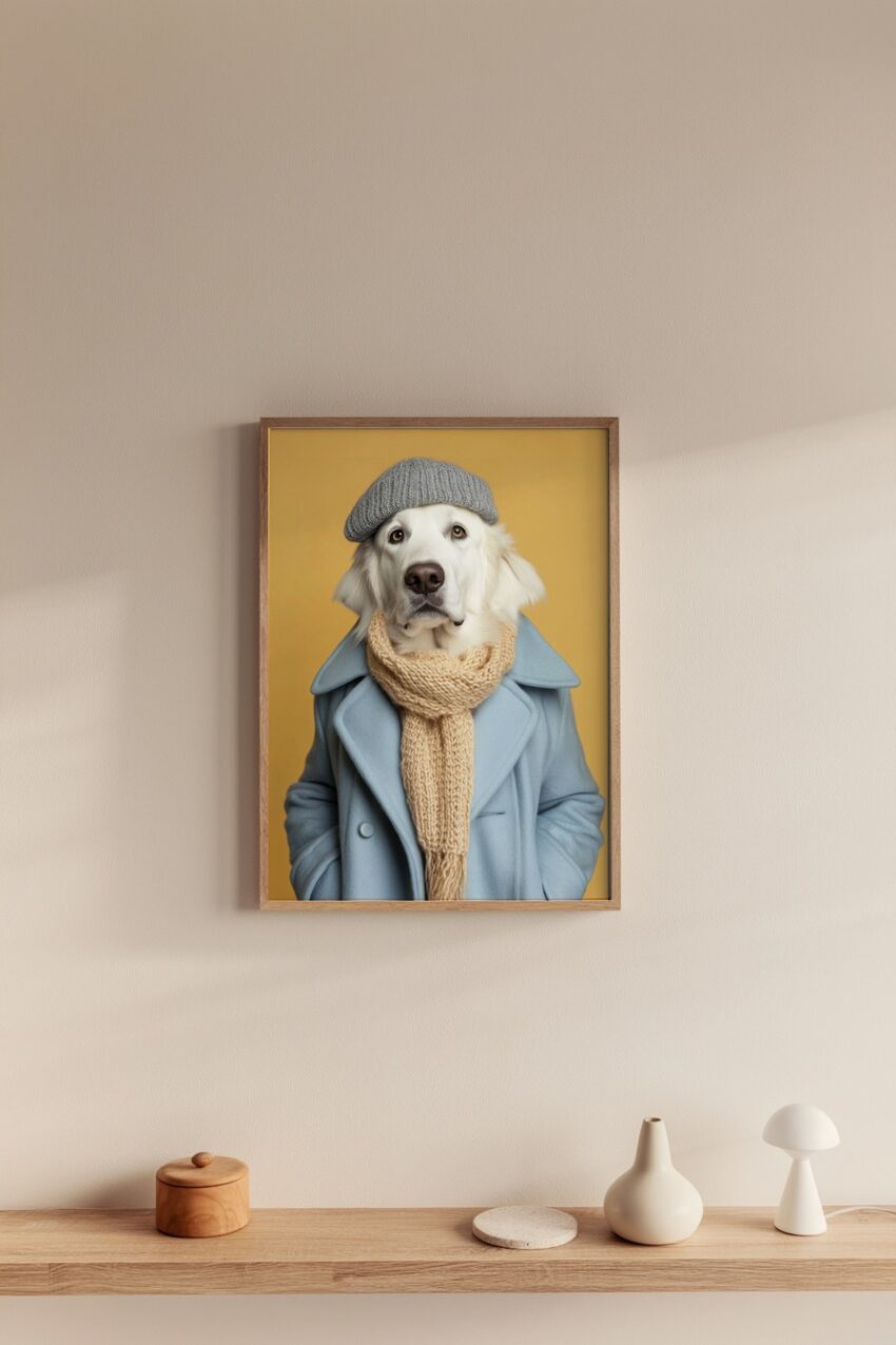 Fotografie Poster Golden Retriever Winterbekleidung ruhig blau beige grau