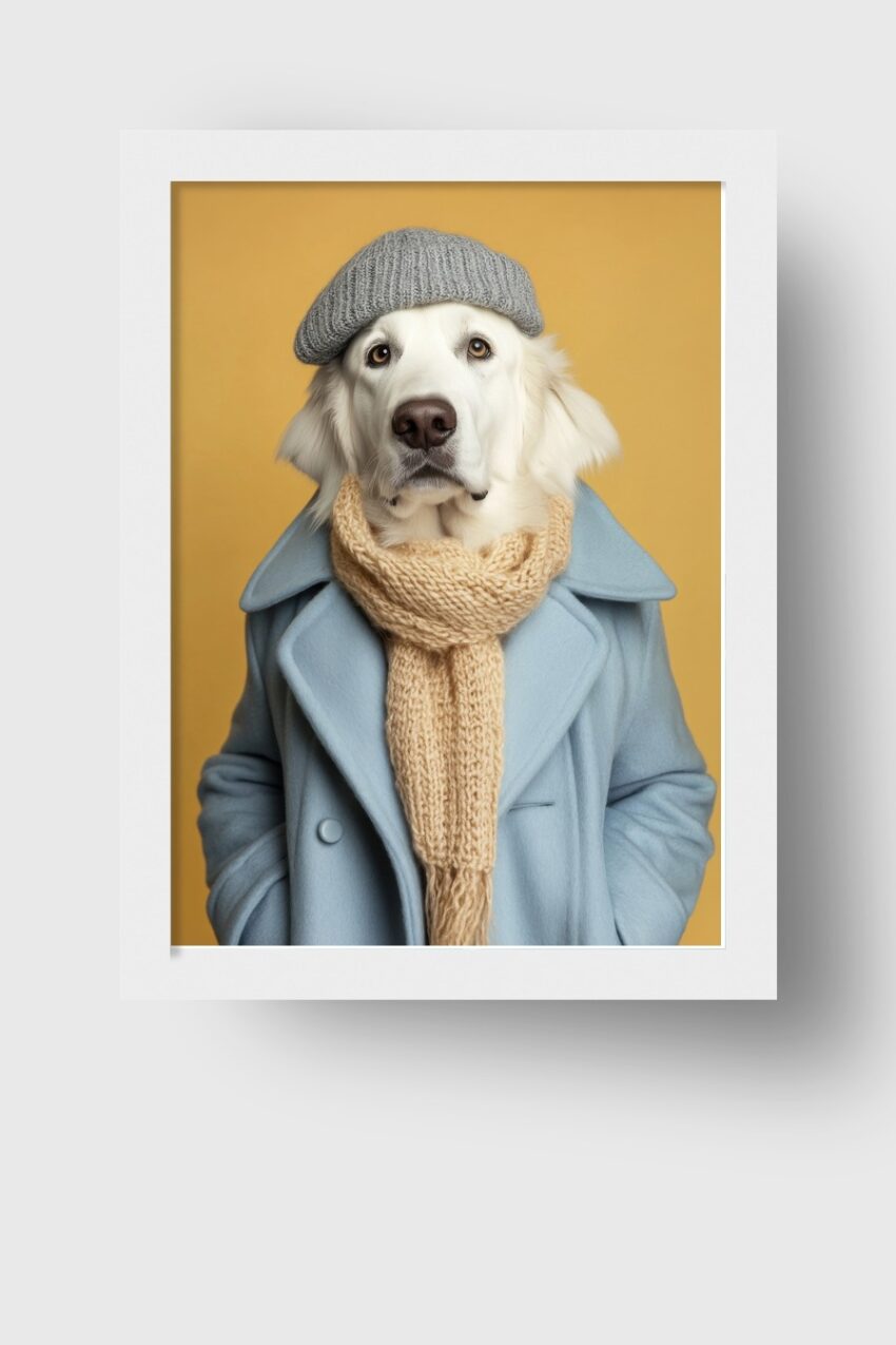 Fotografie Poster Golden Retriever Winterbekleidung ruhig blau beige grau
