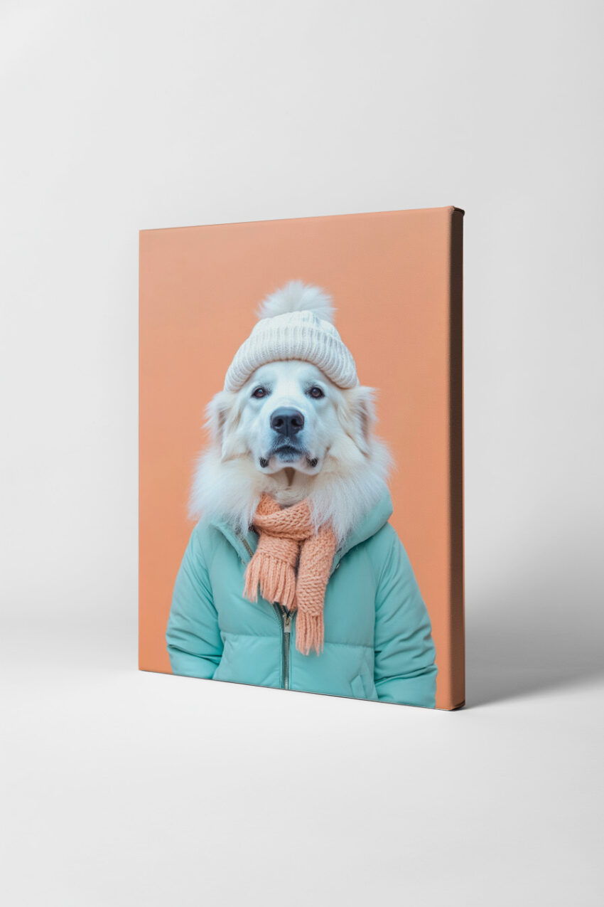 Fotografie Poster Hund Winterkleidung warm Mütze Schal