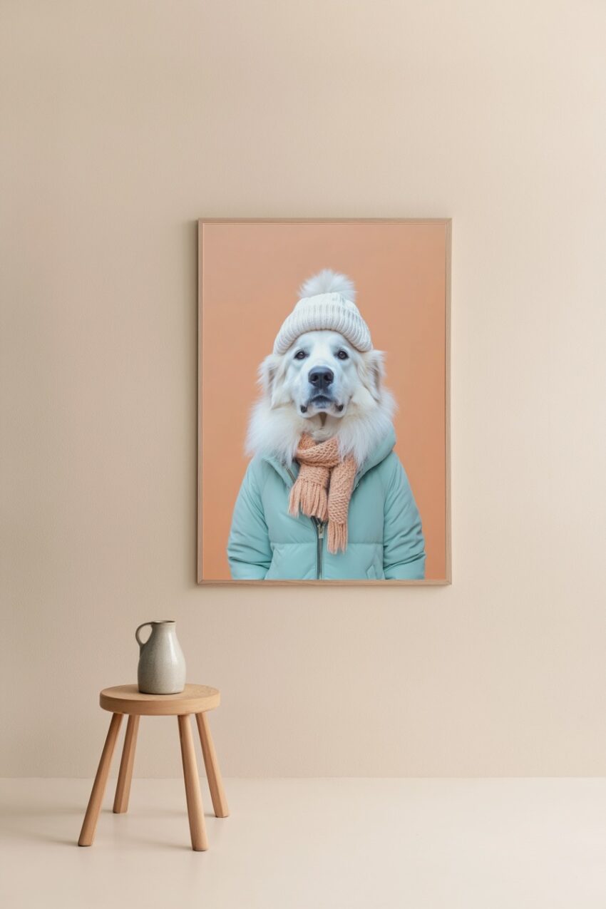 Fotografie Poster Hund Winterkleidung warm Mütze Schal