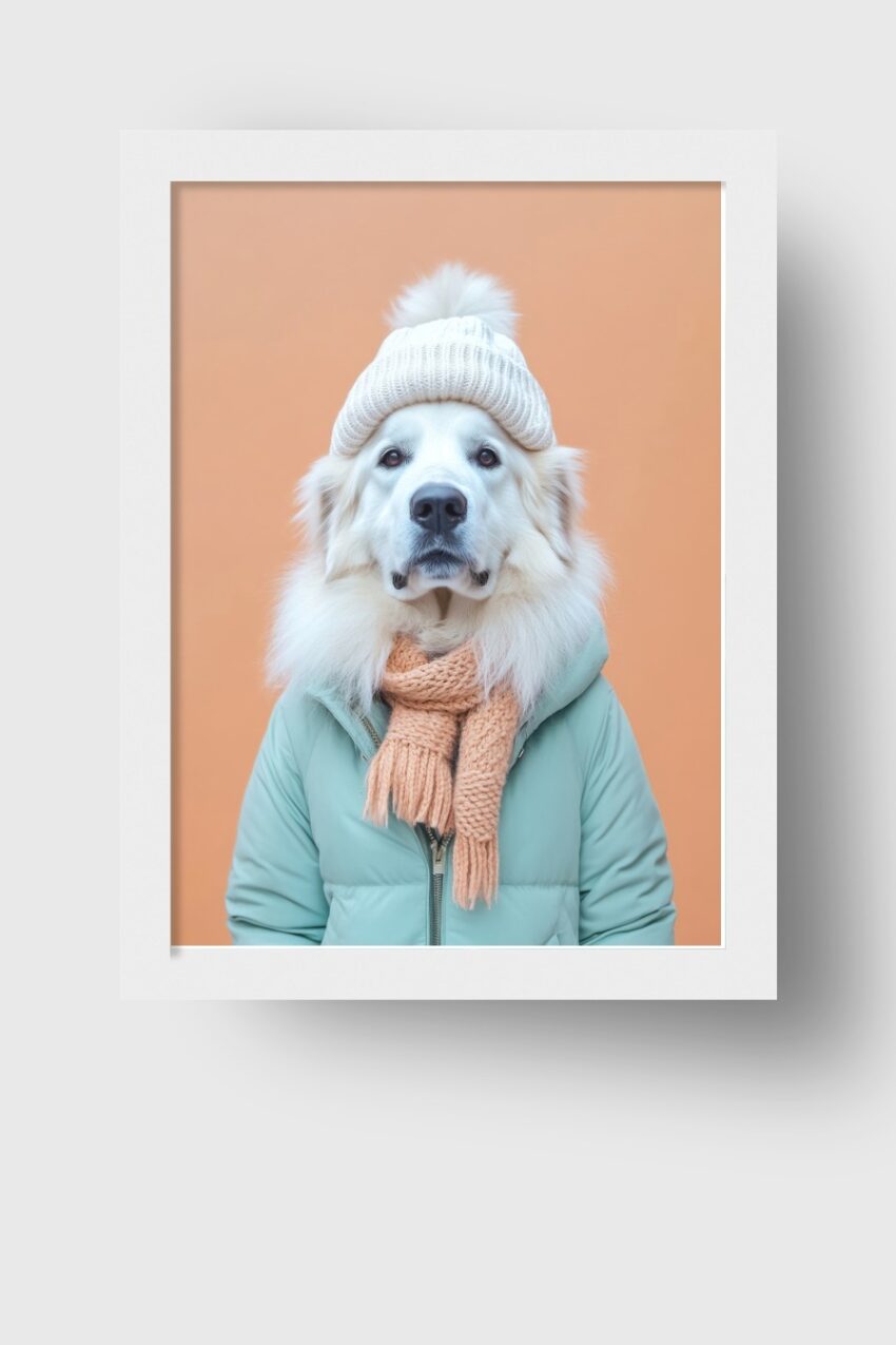 Fotografie Poster Hund Winterkleidung warm Mütze Schal