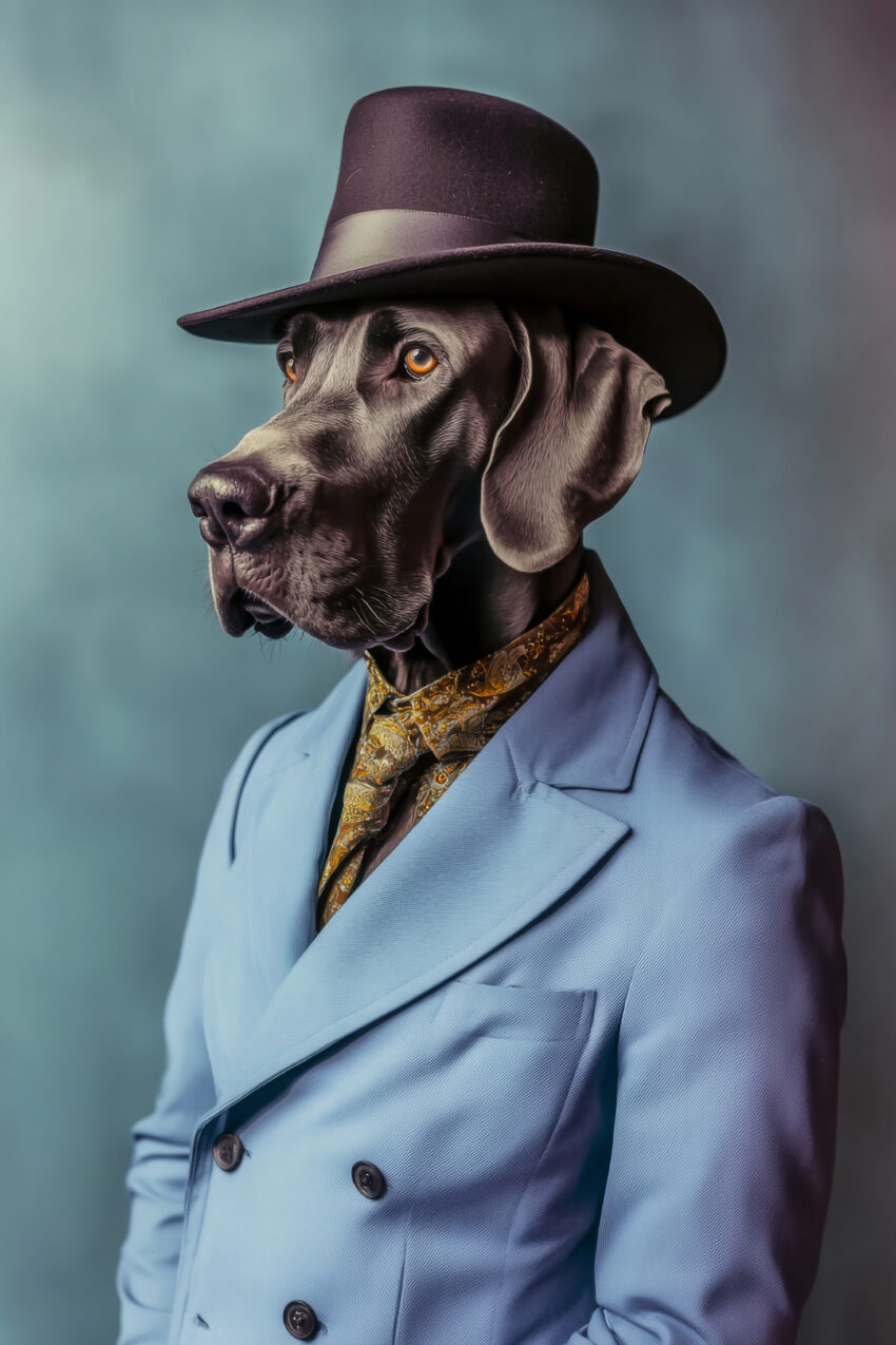 Fotografie Poster Hund Anzug Hut elegant blau