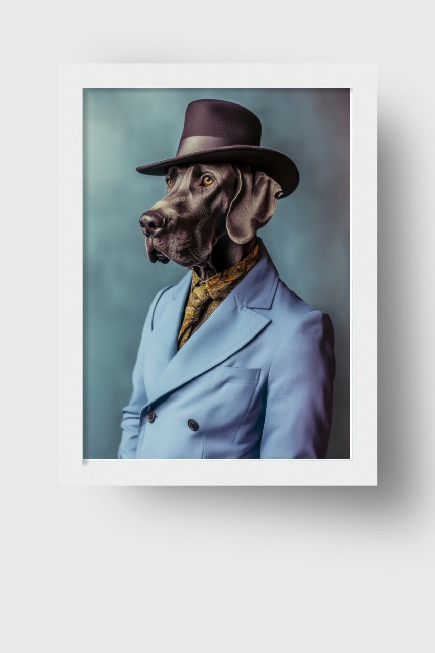 Fotografie Poster Hund Anzug Hut elegant blau