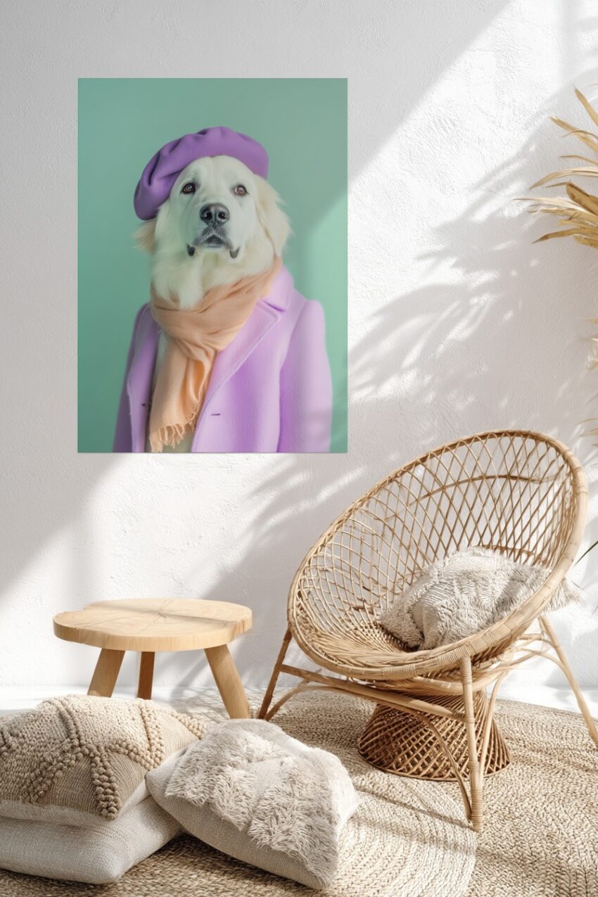 Fotografie Poster Hund Pastellfarben Mütze Schal