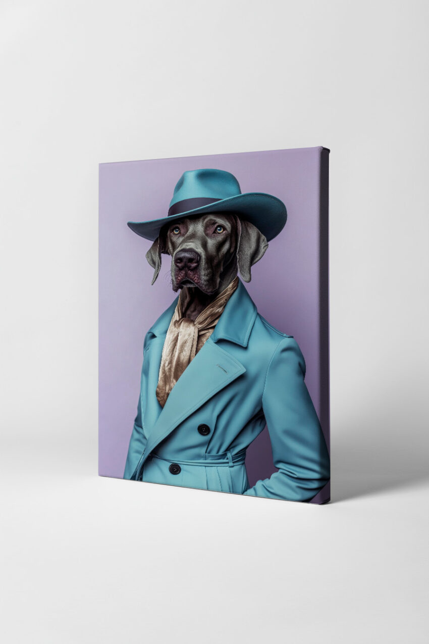 Fotografie Poster Hund Weimaraner elegant mit Fedora türkis