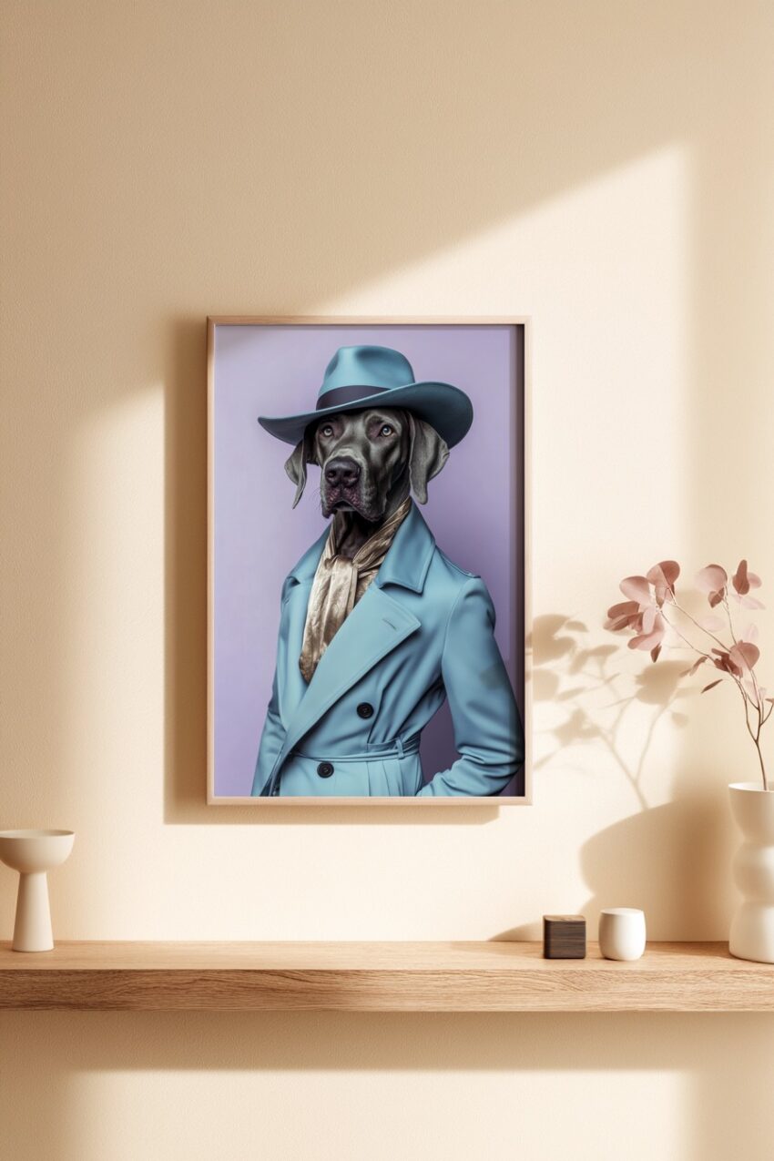 Fotografie Poster Hund Weimaraner elegant mit Fedora türkis