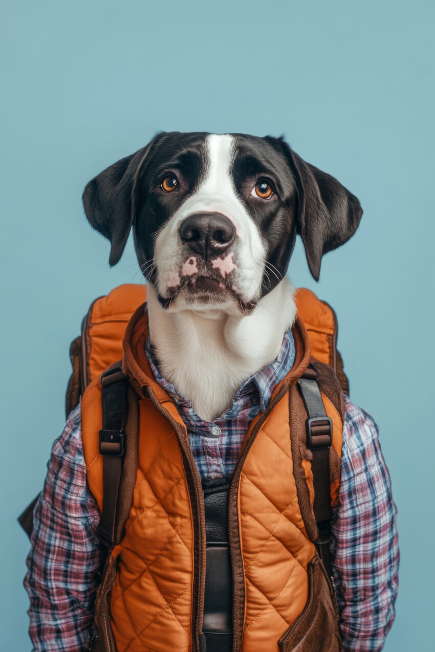 Fotografie Poster Hund mit Rucksack Hemd schwarz weiß braun orange