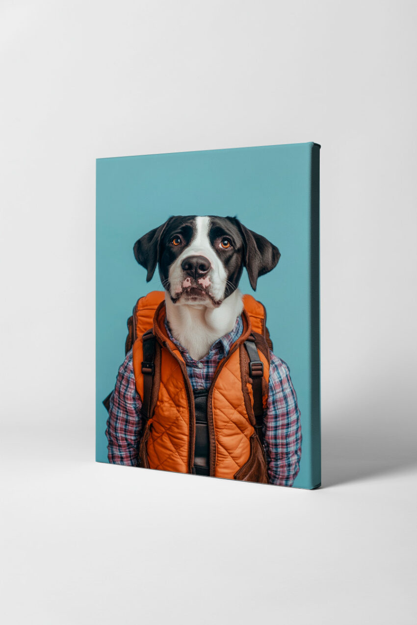 Fotografie Poster Hund mit Rucksack Hemd schwarz weiß braun orange