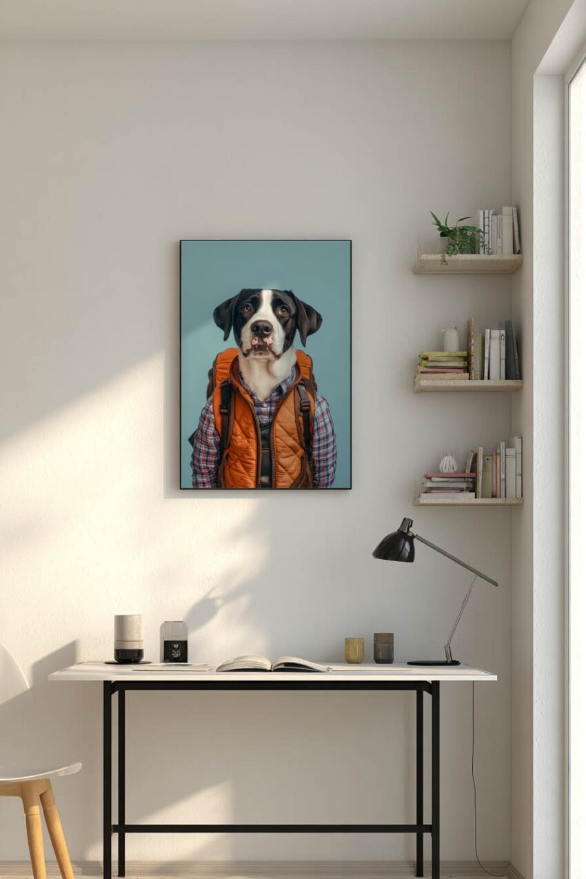 Fotografie Poster Hund mit Rucksack Hemd schwarz weiß braun orange