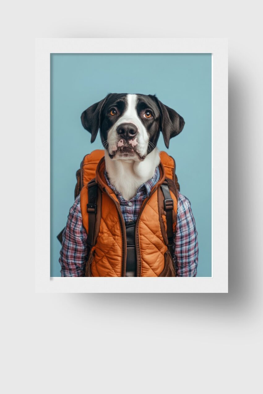 Fotografie Poster Hund mit Rucksack Hemd schwarz weiß braun orange