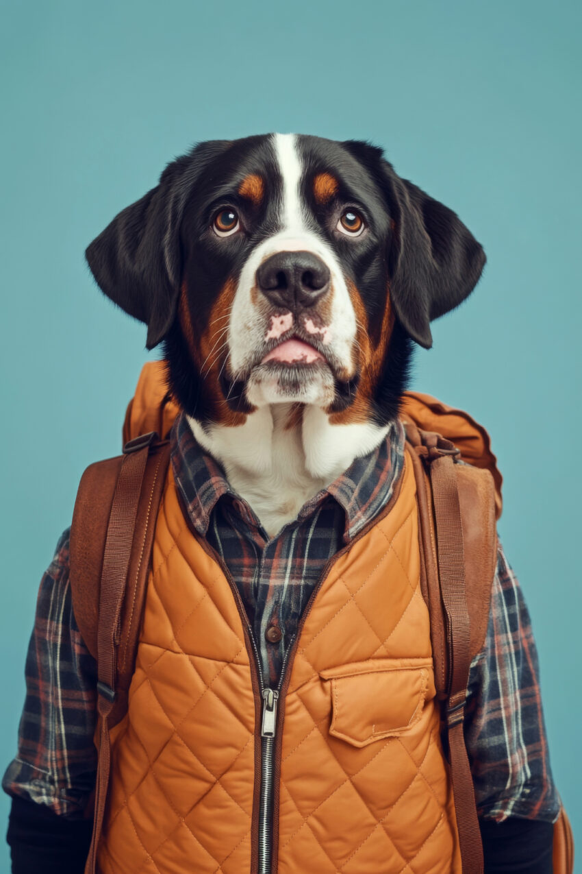 Fotografie Poster Bernersennenhund mit Rucksack frontal braun schwarz weiß